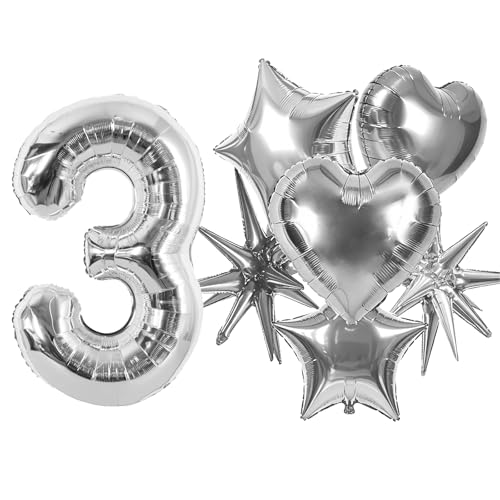 Image of TONIFUL 3rd Birthday Balloons Kit 40Inch Silver Large Number 3 Foil Balloon | with 18Inch Helium Mylar Heart Star Balloons for Kids Women Men Birthday Anniversary Graduation New Year Eve Party Decoration