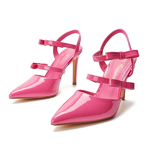 Hingswink Women’s Pointed Toe Ankle Strap Stiletto Bow Heels Sandals Pumps Closed Toe Shinny Patent Leather Heels Sandals With Bow For Women Office Party Prom Birthday Evening Dress Shoes, Pink6.5 #TOP2