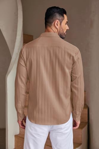 Image of DEELMO Men's Button Down Dress Shirts Textured Long Sleeve Casual Hawaiian Beach Shirt