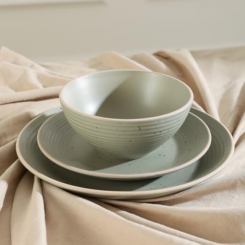 Image of Stone Lain Lauren Stoneware, Rustic Plates and Bowls Set, Dinnerware, Service for 4, Speckled Green, Dishwasher & Microwave Safe, 16-Piece