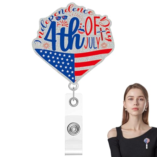 7月4日バッジリール | 7月4日 アクリルフラッグペンダント - 愛国的な旗ピン 格納式名刺バッジホルダーリール 学校用品用