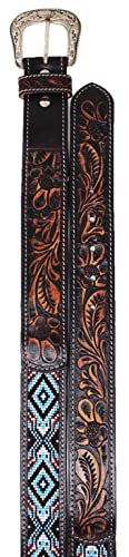 Western Antique Floral Tooled Beaded Full-Grain Leather Belt 26FK553
