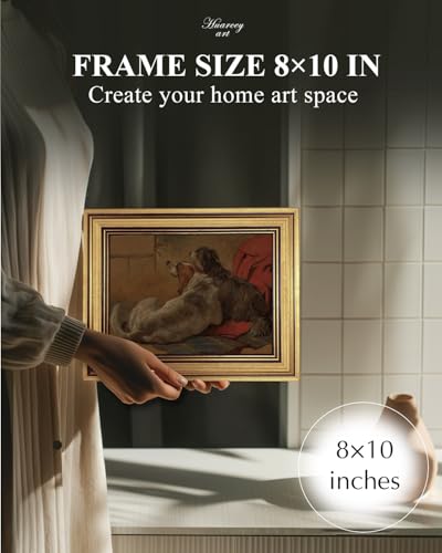Image of HUARCEY Gold Framed Vintage Wall Art for Living Room Dogs Oil Painting Wall Decor- Cozy Pet-Themed Aesthetic Room Decor for Bedroom Prints Study Classic Animal Artwork Gift for Dog Lovers 8 inchx10 inch