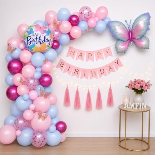 Image of AMFIN (Pack of 58) Butterfly Theme Birthday Decoration Kit Metallic Finish Women Girls Item Pink Blue Rainbow Flower