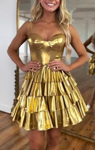 Women's Tiered Metallic Satin Short Homecoming Dresses Spaghetti Straps Layered Mini Cocktail Party Gowns2