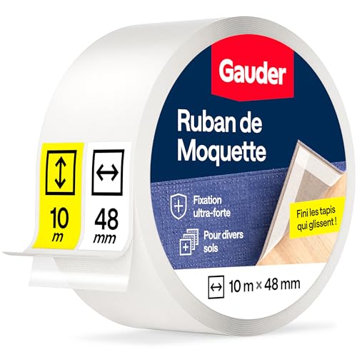GAUDER Ruban Adhésif Moquette Double Face Extra Fort - Antidérapant Longue Durée pour Tapis, Sols & Escaliers - Colle Moquette & Ruban de Pose (10 m x 48 mm)