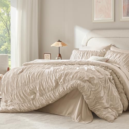 Image of Andency Ruched Full Size Comforter Sets Beige, 7 Pieces Ruffle Bed Set in a Bag, Shabby Chic Pleat Bedding Set with Comforter, Sheets, Pillowcase & Sham, Lightweight, Soft, All Season