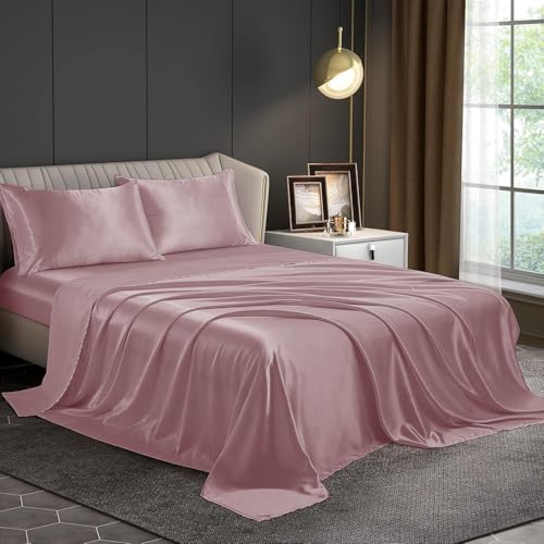 Image of Homestan Satin Bedsheet for King Size Bed with 2 Pillow Covers, Modern Bed Sheet for Romantic Nights(100x108 inches, Rose Gold)