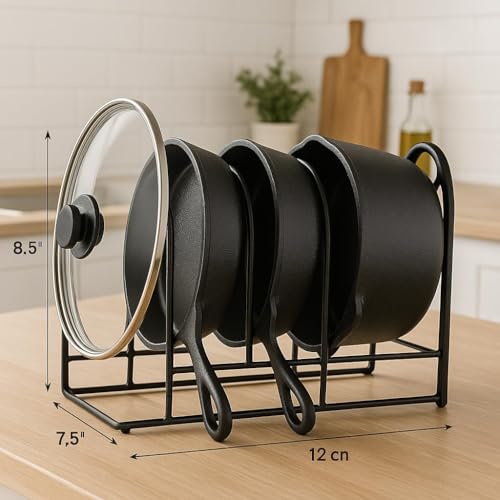 Image of Heavy Duty Dish Rack Organizer - 5 Tier Slot Cookware Holder, Space-Saving Black Iron Stand for Countertop, 10.5 inch L x 7.5 inch W x 12 inch H