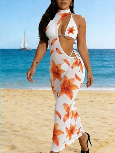 Image of Women's Sexy Swimsuit 3 Piece Thong Bikini Set Triangle Halter Bathing Suit Sheer Mesh Beach Cover Up Maxi Dress