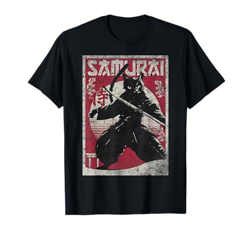 Vintage samurai ninja cat arte giapponese anime retrò estetica maglietta
