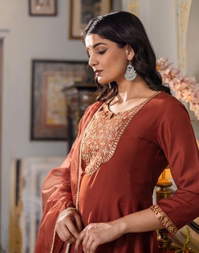 Image of SIRIL Women's Rayon Viscose Embroidered Anarkali Kurta with Pant & Dupatta, Anarkali Suit for Women