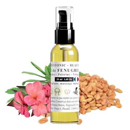 Huile de Fenugrec pour Poitrine, Fesses, Hanches, Acné, Cheveux | 100% naturelle, nouvelle odeur de Rose, bio (50 ml)