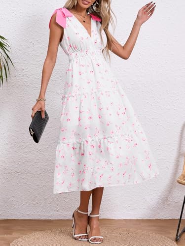 Image of Wenrine Womens Summer Floral Maxi Dress Casual Self Tie Sleeveless V Neck Smocked Boho Tiered Beach Sundresses