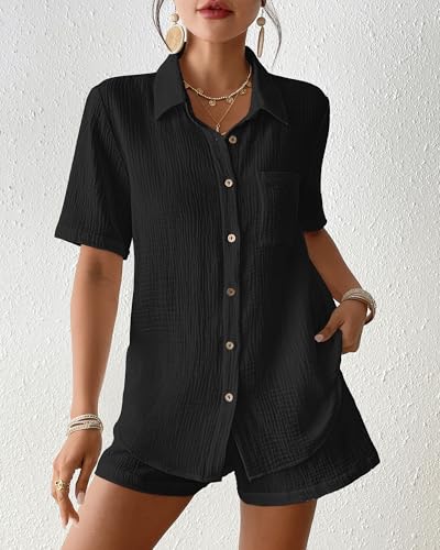 Bsubseach Womens 2 Piece Cover Ups Set Cotton Beach Short Sets Short Sleeve Button Down Shirt Shorts Resort Wear 2025 Black XXL4