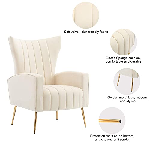 Homefun Accent Chair Set Of 2, Velvet Wingback Armchair Modern Upholstered Single Sofa With Metal Legs For Living Room Bedroom Nursery, Beige #TOP1