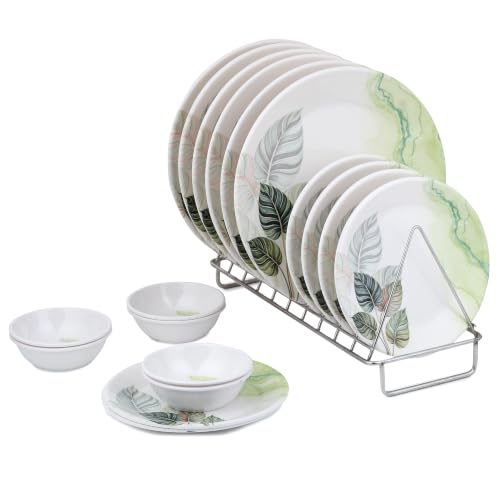 Image of Golden Fish Melamine Round Dinner Set of 18 (6 Plates + 6 Veg Bowls + 6 Half Plates) | Teal Floral Print | Unbreakable, Dishwasher & Microwave Safe