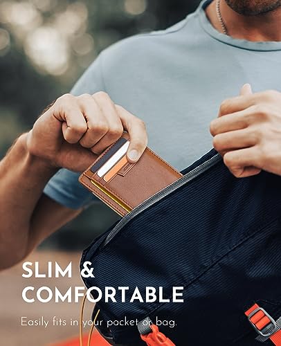 Image of Buffway Slim Wallet for Men Women Minimalist Small Leather Front Pocket Wallets with RFID Blocking and Gifts Box - Bassa Brown