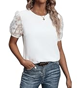 BEAUDRM Women's Summer Short Sleeve Contrast Mesh Casual Round Neck Puff Sleeve Solid Blouse