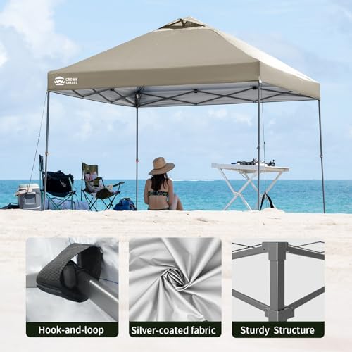 Image of CROWN SHADES Adjustable Height on The Fly, 10x10 Pop Up Canopy - Beach Tent with One Push Setup - Easy Outdoor Sun Shade for Events, Parties, Camping - Outside Shade with STO-N-Go Bag, Khaki