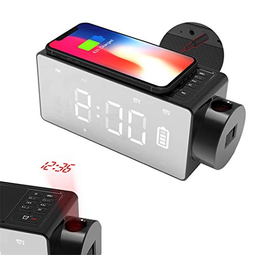 Qi Wireless Charging Wecker, tragbarer Outdoor-Autospiegel Radio Wecker, Bluetooth-Lautsprecher Snooze FM Radio Projektionswecker, DIY Wecker