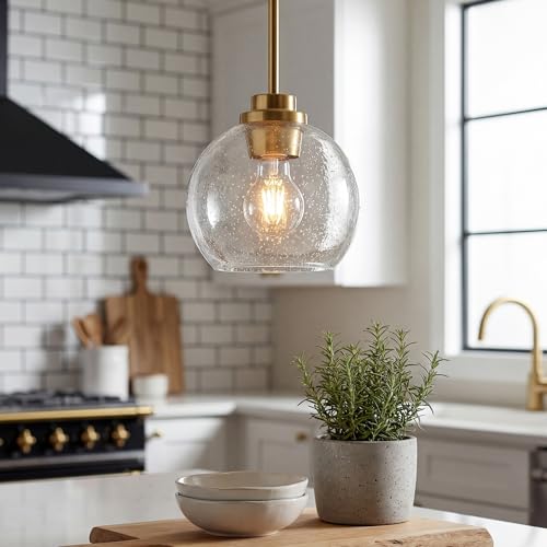 Image of Pendant Lights Kitchen Island, 7 inch Modern Brushed Gold Hanging Lights Fixtures with Clear Seeded Glass Globe Shade, Kitchen Island Lighting for Bathroom, AD-22280-1P-GD-S