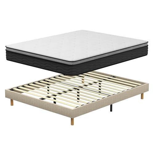 DEWINNER Ensemble Sommier et Matelas 140x190 cm, Lit 2 Personnes Complet avec Sommier Tapissier et Matelas Ressorts Ensachés 140x190x25, Confort, Respirant...