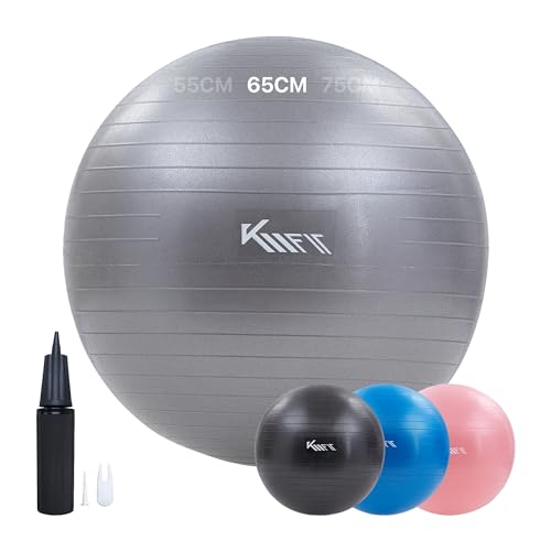 KM-Fit Gymnastikball 65cm | Trainingsball mit Luft-Pumpe | Sitzball Büro Anti-Burst | Ball für Fitness, Yoga, Gymnastik, Core Training | Pezziball Yogaball BPA-Frei | Grau