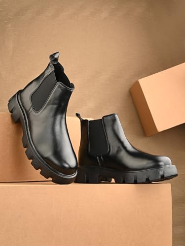 Image of HiREL'S Premium PU Chelsea Boots for Men, Black, Chunky Lug Sole, Arch Support, Slip-Resistance, Height Increasing