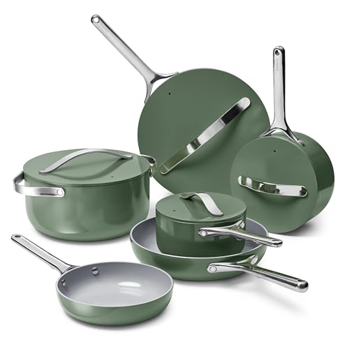 Caraway Deluxe Nonstick Ceramic Cookware Set (16 Piece) Pots, Frying Pans, Lids and Kitchen Storage - PFAS & PFOA Free - Oven Safe Ceramic Pan Set & Compatible with All Stovetops - Sage