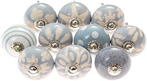 Set of 10 blue/grey/white Vintage Hand-Painted Ceramic Knobs/Door Pulls and Drawer Knobs