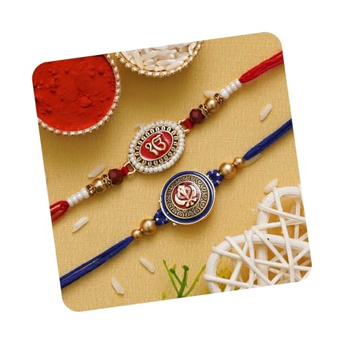 Image of eCraftIndia Set of 2 Yellow, White & Maroon Designer Diamond Rakhis with Roli Chawal Pack