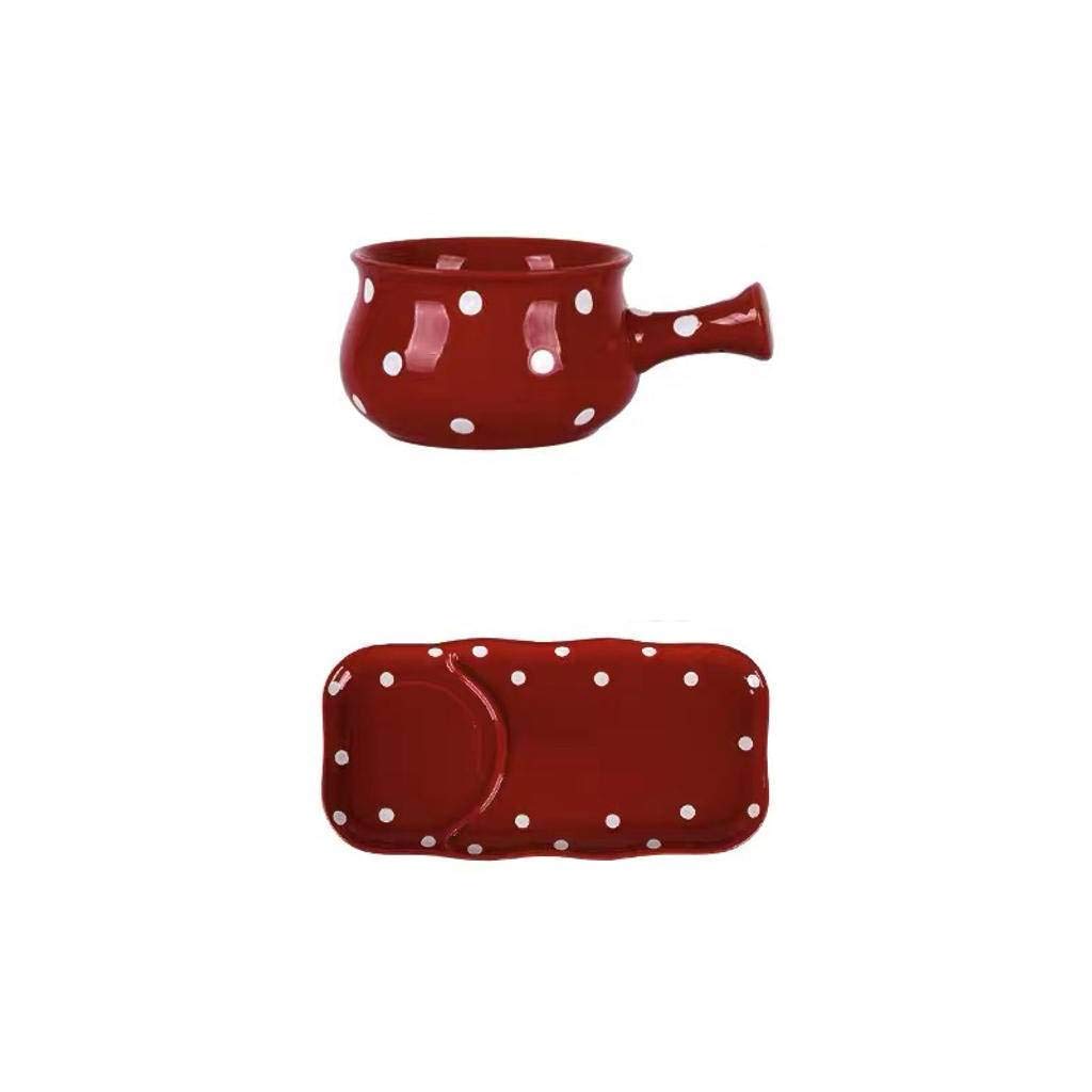 Miska do zupy z uchwytem w groszki ceramiczne płatki owsiane śniadanie natychmiastowe makaron pieczenie pieczony ryż urocze dzieci przeciw poparzeniom 550 ml - czerwony + talerz