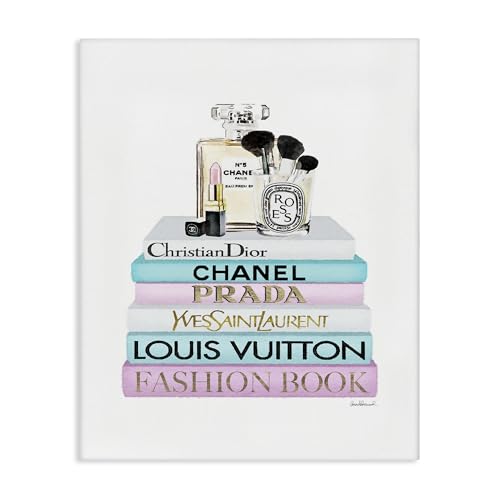 Image of 'Fashion Designer Makeup Bookstack Blue Pink'| Canvas Art | Stupell Industries | 16 x 20 Inches, Easy to Hang and Sturdy, Made in USA, by Amanda Greenwood