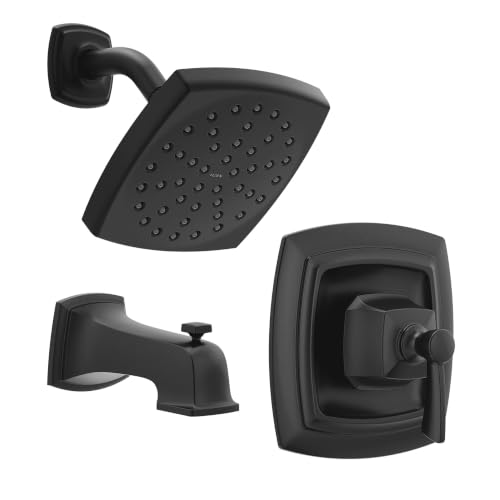 Image of Moen Conway Matte Black Bathroom Shower Trim Kit with Showerhead, Handle, and Tub Spout, 82922BL