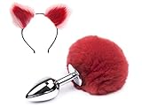  Diadema de cola de conejo de imitación y orejas de gato, dijes de juego de rol, disfraz de fiesta, mascarada, accesorio de cosplay (rojo)