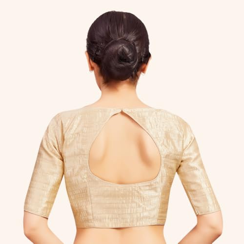 Image of Studio Shringaar Women Readymade Raw Silk V Neck Saree Half Sleeve Blouse