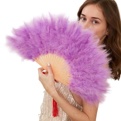 Happy Feather Handheld Marabou Feather Fan, 1920s Vintage Style Flapper Hand Fan for Costume Party and Dancing-Light Purple