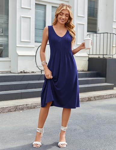 Image of Zeagoo Women Summer Casual Dresses 2026 Sleeveless Midi Pleated Tank Sundress with Pockets V Neck A Line Swing Tshirt Dress