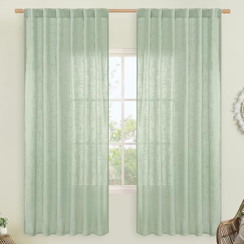LAMIT Fresh Green 72 inch Linen Curtains for Living Room 2 Panels, Linen Textured Light Filtering Semi Sheer Back Tab and Rod Pocket Farmhouse Curtain Panels for Bedroom/Farmhouse, 52 x 72 Inch