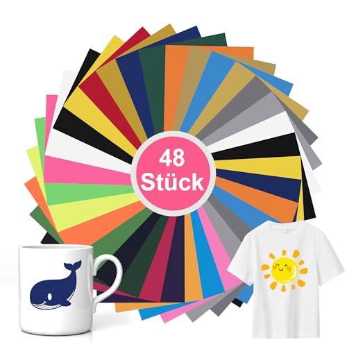 48 Feuilles Vinyle Thermocollant 30,5×20,5 cm – Flex Thermocollant pour Tissu, Compatible pour Cricut, pour Silhouette et Toutes Machines de Découpe, pour T-Shirts, Vêtements et Chapeaux