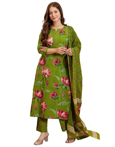 Image of SKYLEE Women's Cotton Printed Straight Kurta with Pant & Dupatta