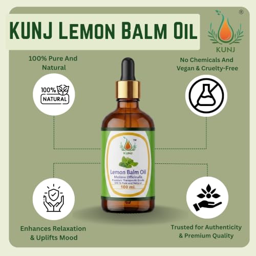 Image of KUNJ Lemon Balm Essential Oil 100ml - Pure Melissa officinalis Oil for Stress Relief, Relaxation, Calm Mood, Sleep Support, Aromatherapy, Diffuser & Skin Care | 100% Natural
