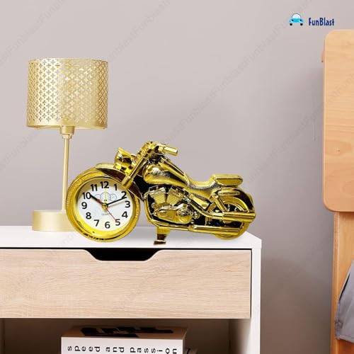 Image of FunBlast Alarm Plastic Clock for Heavy Sleepers Bike Shaped Retro, Stylish Analog Table /Desk Alarm Clock for Students, Table Clock for Bedroom, Living Room, Office, Return Gifts (Gold), 20*14 Cm
