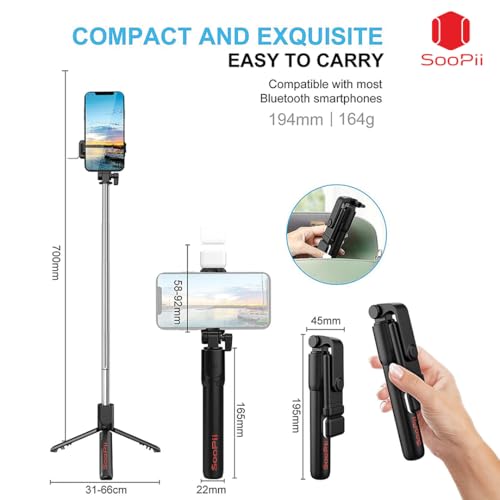 Image of SooPii Selfie Stick Tripod with Fill Light, 7.5-28inch Phone Tripod Stand with Wireless Remote, 3 in 1 Multifunctional Extendable Selfie Stand, Gimbal Mobile Stick Perfect for Selfies /Live Streaming