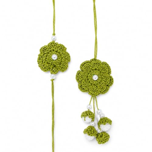 Image of Handmade Crochet Green Flower Rakhi for Brother | Premium Cotton Thread Floral Designer Rakhi with Pearl Beads | Soft Skin-Friendly Lightweight Raksha Bandhan | Traditional Handcrafted Gift