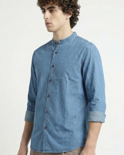 Image of Amazon Brand - INKAST Men Washed Cotton Twill Denim Casual Button Down Shirt | Mandarin Collar | Full Sleeves | Regular Fit | Stylish Summer - Everyday Wear