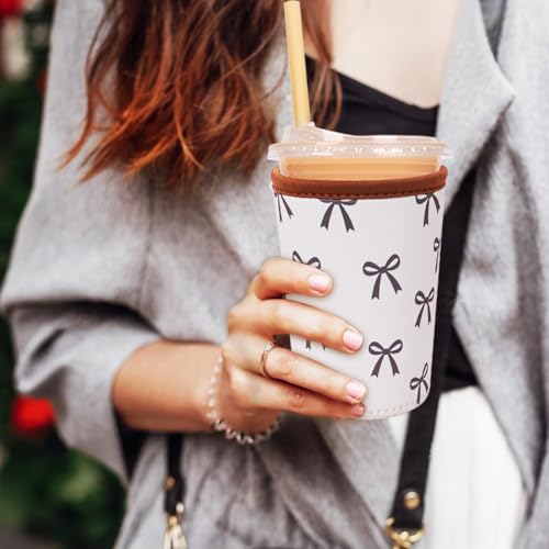 Image of Reusable Insulated Neoprene Iced Coffee Cup Sleeve, Durable Drink Sleeve for Cold Beverages, Beverage Holder for Iced Coffee (Cream Bow)