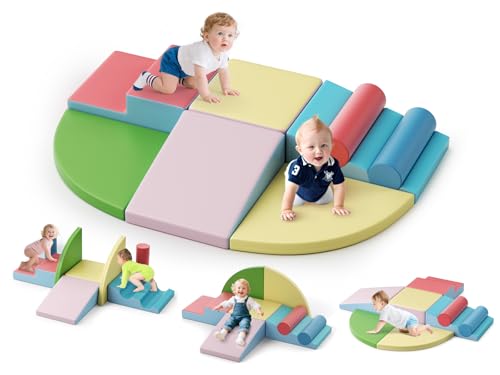 8-teiliges Set aus Weichschaum-Kletterblöcken, Baby-Sicherheitskletterblöcke, rutschfestes, wasserdichtes, pflegeleichtes PU-Material, Baby-Kletterblöcke(8p–Ledertasche–Macaron)