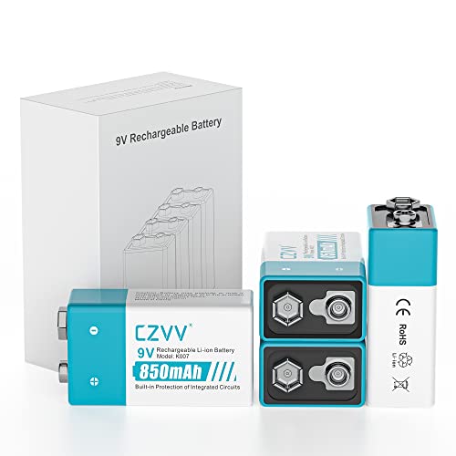 czvv Pilas Recargable 9V Lithium   Capacidad Alta Ultra de 850mAh   1300 Ciclos   4 Pack Baterias Litio 8.7V, Prueba de Fugas, Ultra Duradero10 Años para Detector de Humo, Micrófonos, Radio, Guitarra